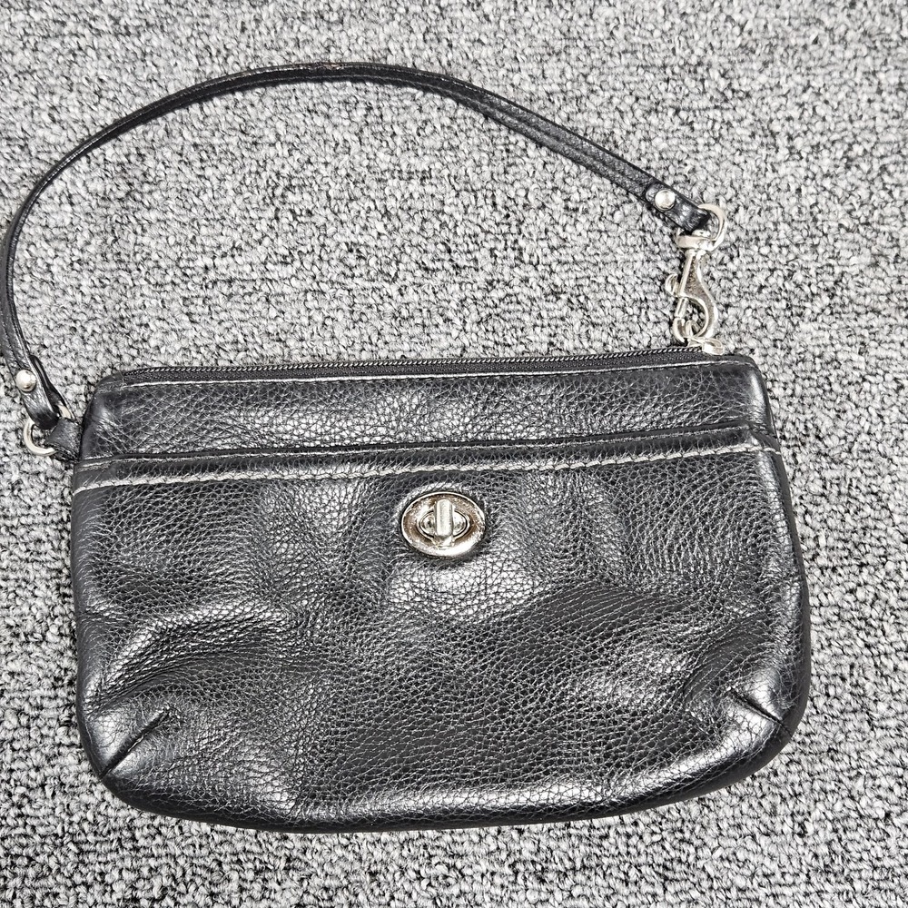 Black Pebbled Leather Turnlock Wristlet Zip Top Clutch‎ Bag with Teal Lining